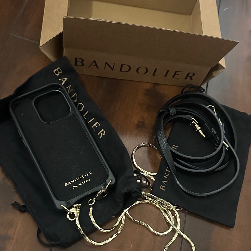 Bandolier Black Phone Crossbody Case with Gold Chain Strap
